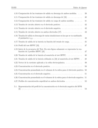 XVIII ´Indice de ﬁguras
4.10. Comparaci´on de las tensiones de salida en descarga de ambos modelos. . . . 39
4.11. Comparaci´on de las tensiones de salida en descarga de [16]. . . . . . . . . . . 40
4.12. Comparaci´on de las tensiones de salida en carga de ambos modelos. . . . . . 41
4.13. Tensi´on de circuito abierto en el electrodo positivo. . . . . . . . . . . . . . . 42
4.14. Tensi´on de circuito abierto en el electrodo negativo. . . . . . . . . . . . . . . 42
4.15. Tensi´on de circuito abierto en ambos electrodos [17]. . . . . . . . . . . . . . 43
4.16. Tensi´on de salida en descarga de varias simulaciones en las que se va cambiando
el par´ametro reff . . . . . . . . . . . . . . . . . . . . . . . . . . . . . . . . . . 44
4.17. Tensi´on de salida de la bater´ıa en funci´on del estado de carga. . . . . . . . . 45
4.18. Perﬁl del test HPPC [23]. . . . . . . . . . . . . . . . . . . . . . . . . . . . . 47
4.19. Inicio de la secuencia del Test. En esta ﬁgura solamente se representa la rea-
lizaci´on de 2 perﬁles HPPC [23]. . . . . . . . . . . . . . . . . . . . . . . . . . 47
4.20. Tensi´on de salida de la bater´ıa al someterla al test HPPC. . . . . . . . . . . 48
4.21. Tensi´on de salida de la bater´ıa utilizada en [24] al someterla al test HPPC. . 48
4.22. Vector de la corriente aplicada a la celda electroqu´ımica. . . . . . . . . . . . 49
4.23. Concentraci´on en el electrodo positivo. . . . . . . . . . . . . . . . . . . . . . 50
4.24. Concentraci´on promediada en el volumen de la esfera para el electrodo positivo. 50
4.25. Concentraci´on en el electrodo negativo. . . . . . . . . . . . . . . . . . . . . . 51
4.26. Concentraci´on promediada en el volumen de la esfera para el electrodo negativo. 51
4.27. Perﬁles de concentraci´on superﬁcial en ambos electrodos. . . . . . . . . . . . 52
5.1. Representaci´on del perﬁl de la concentraci´on en el electrodo negativo del SPM
[2]. . . . . . . . . . . . . . . . . . . . . . . . . . . . . . . . . . . . . . . . . . 54
 