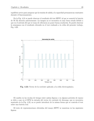 Cap´ıtulo 4. Resultados 49
equilibrio activo para asegurar que la tensi´on de salida y la capacidad permanezcan constantes
durante el funcionamiento.
En la Fig. 4.21 se puede observar el resultado del test HPPC al que se someti´o la bater´ıa
de 50 Ah descrita anteriormente. La imagen no se encuentra en muy buen estado debido a
que en el art´ıculo del que se toma de referencia no posee buena resoluci´on. Se puede observar
la semejanza con el resultado obtenido en el test realizado a la celda del presente trabajo,
Fig. 4.20.
Fig. 4.22: Vector de la corriente aplicada a la celda electroqu´ımica.
El cambio en las escalas de tiempo entre ambas ﬁguras y en algunos periodos de reposo
se debe a que en el SPM la entrada del vector de corriente de descarga, que se encuentra
mostrado en la Fig. 4.22, no se puede introducir de la misma forma que se controla el test
sobre una bater´ıa real.
El resto de representaciones obtenidas del ensayo HPPC se muestran en las siguientes
ﬁguras.
 