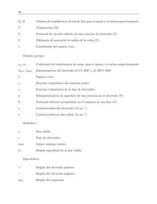 56
t0
a, t0
c N´umero de transferencia de ion de litio para el anion y el cation respectivamente
T Temperatura (K)
U Potencial de circuito abierto de una reacci´on de electrodo (V)
V Diferencia de potencial de salida de la celda (V)
x Coordenada del espacio (cm)
S´ımbolos griegos
αa, αc Coeﬁciente de transferencia de carga, para el anion y el cation respectivamente
β0 %, β100 % Estequiometr´ıa del electrodo al 0 % SOC y al 100 % SOC
δ Espesor (cm)
εs Fracci´on volum´etrica del material activo
εe Fracci´on volum´etrica de la fase de electrolito
η Sobrepotencial en la superﬁcie de una reacci´on en el electrodo (V)
θ Potencial el´ectrico promediado en el volumen en una fase (V)
κ Conductividad del electrolito (S cm−1
)
σ Conductividad en fase s´olida (S cm−1
)
Sub´ındices
s Fase s´olida
e Fase de electrolito
max L´ımite m´aximo te´orico
ss Regi´on superﬁcial de la fase s´olida
Super´ındices
+ Regi´on del electrodo positivo
− Regi´on del electrodo negativo
sep Regi´on del separador
 