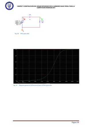 DISEÑO Y CONSTRUCCIÓN DEL SONAR INTEGRADO EN EL SUBMARIO ISAAC PERAL PARA LA
COMPETICIÓN ROBOSUB 2013
Página 38
Fig. 18 Filtro paso-alto
Fig. 19 Diagrama ganancia (V)/frecuencia para el filtro paso-alto
 