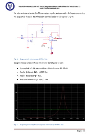 DISEÑO Y CONSTRUCCIÓN DEL SONAR INTEGRADO EN EL SUBMARIO ISAAC PERAL PARA LA
COMPETICIÓN ROBOSUB 2013
Página 65
Ya solo resta caracterizar los filtros usados con los valores reales de los componentes,
los esquemas de estos dos filtros son los mostrados en las figuras 43 y 46:
Fig. 42 Diagrama de la primera etapa del filtro final
Las principales características del circuito de la figura 43 son:
• Ganancia A = 3,83 , expresado en dB tendremos: 11, 68 dB.
• Ancho de banda BW = 10,575 Khz.
• Factor de calidad Q = 2,31.
• Frecuencia central f0 = 24,437 KHz.
Fig. 43 Diagrama ganancia(V)/frecuencia para la primera etapa del filtro final
 