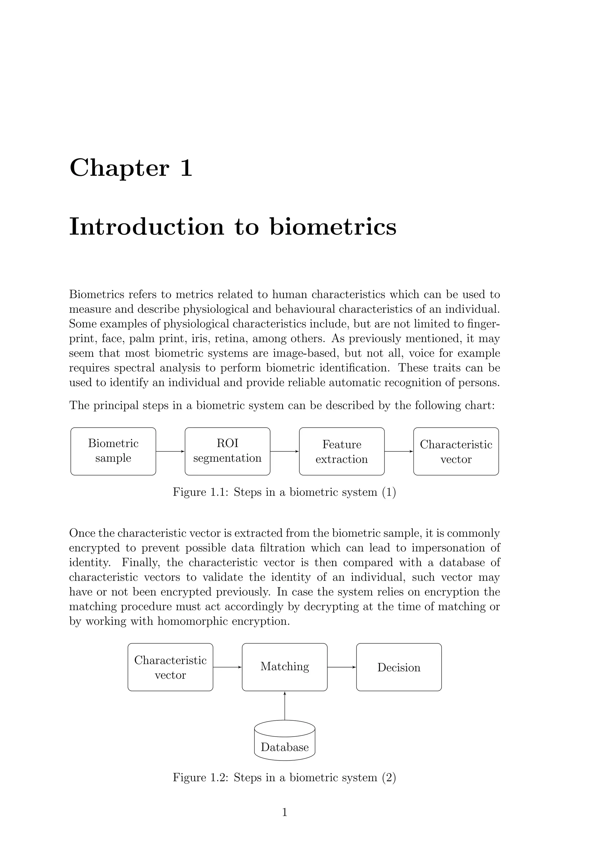 Chapter 1
Introduction to biometrics
Biometrics refers to metrics related to human characteristics which can be used to
measure and describe physiological and behavioural characteristics of an individual.
Some examples of physiological characteristics include, but are not limited to ﬁnger-
print, face, palm print, iris, retina, among others. As previously mentioned, it may
seem that most biometric systems are image-based, but not all, voice for example
requires spectral analysis to perform biometric identiﬁcation. These traits can be
used to identify an individual and provide reliable automatic recognition of persons.
The principal steps in a biometric system can be described by the following chart:
Biometric
sample
ROI
segmentation
Feature
extraction
Characteristic
vector
Figure 1.1: Steps in a biometric system (1)
Once the characteristic vector is extracted from the biometric sample, it is commonly
encrypted to prevent possible data ﬁltration which can lead to impersonation of
identity. Finally, the characteristic vector is then compared with a database of
characteristic vectors to validate the identity of an individual, such vector may
have or not been encrypted previously. In case the system relies on encryption the
matching procedure must act accordingly by decrypting at the time of matching or
by working with homomorphic encryption.
Characteristic
vector
Matching Decision
Database
Figure 1.2: Steps in a biometric system (2)
1
 