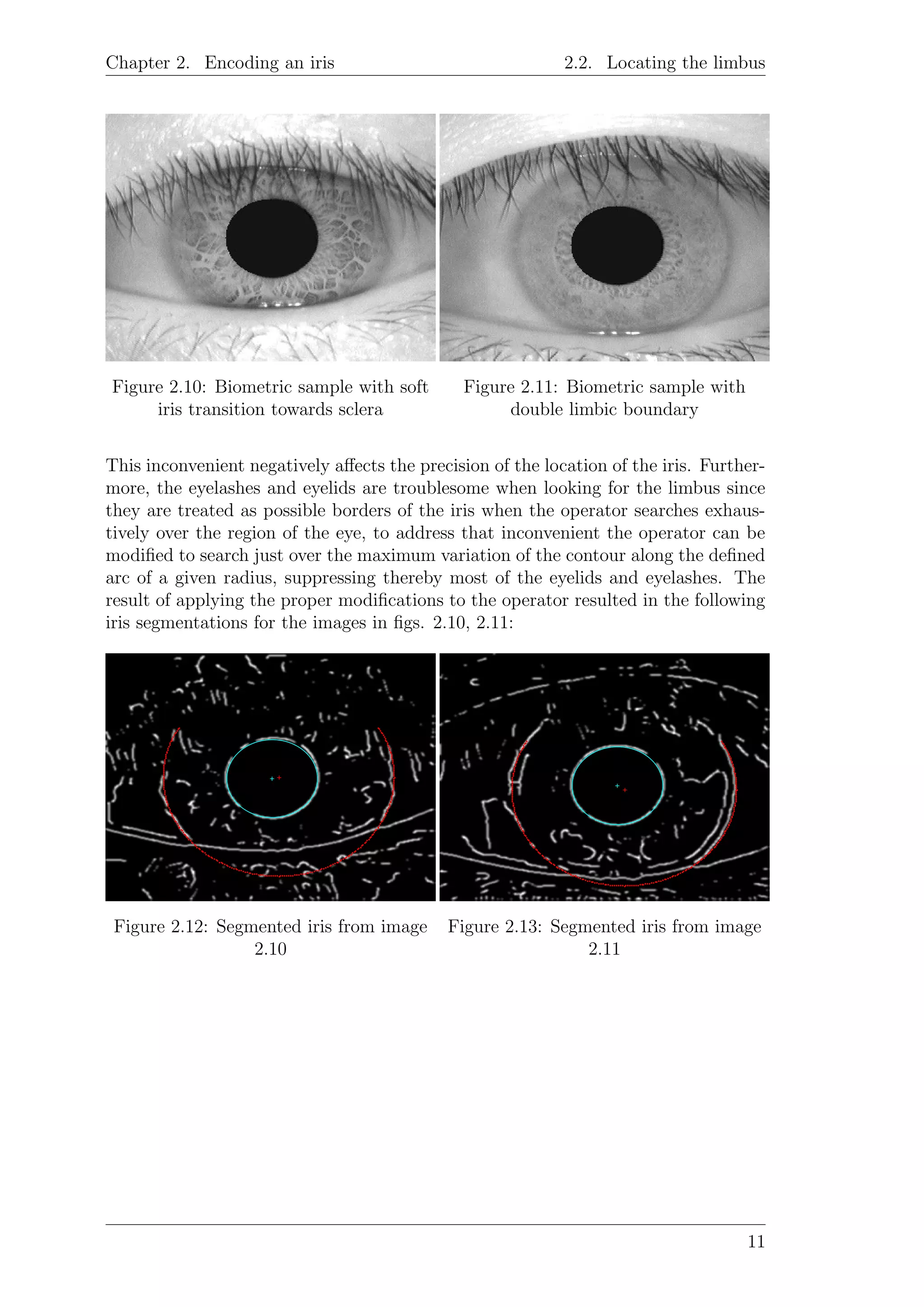 Chapter 2. Encoding an iris 2.2. Locating the limbus
Figure 2.10: Biometric sample with soft
iris transition towards sclera
Figure 2.11: Biometric sample with
double limbic boundary
This inconvenient negatively aﬀects the precision of the location of the iris. Further-
more, the eyelashes and eyelids are troublesome when looking for the limbus since
they are treated as possible borders of the iris when the operator searches exhaus-
tively over the region of the eye, to address that inconvenient the operator can be
modiﬁed to search just over the maximum variation of the contour along the deﬁned
arc of a given radius, suppressing thereby most of the eyelids and eyelashes. The
result of applying the proper modiﬁcations to the operator resulted in the following
iris segmentations for the images in ﬁgs. 2.10, 2.11:
Figure 2.12: Segmented iris from image
2.10
Figure 2.13: Segmented iris from image
2.11
11
 