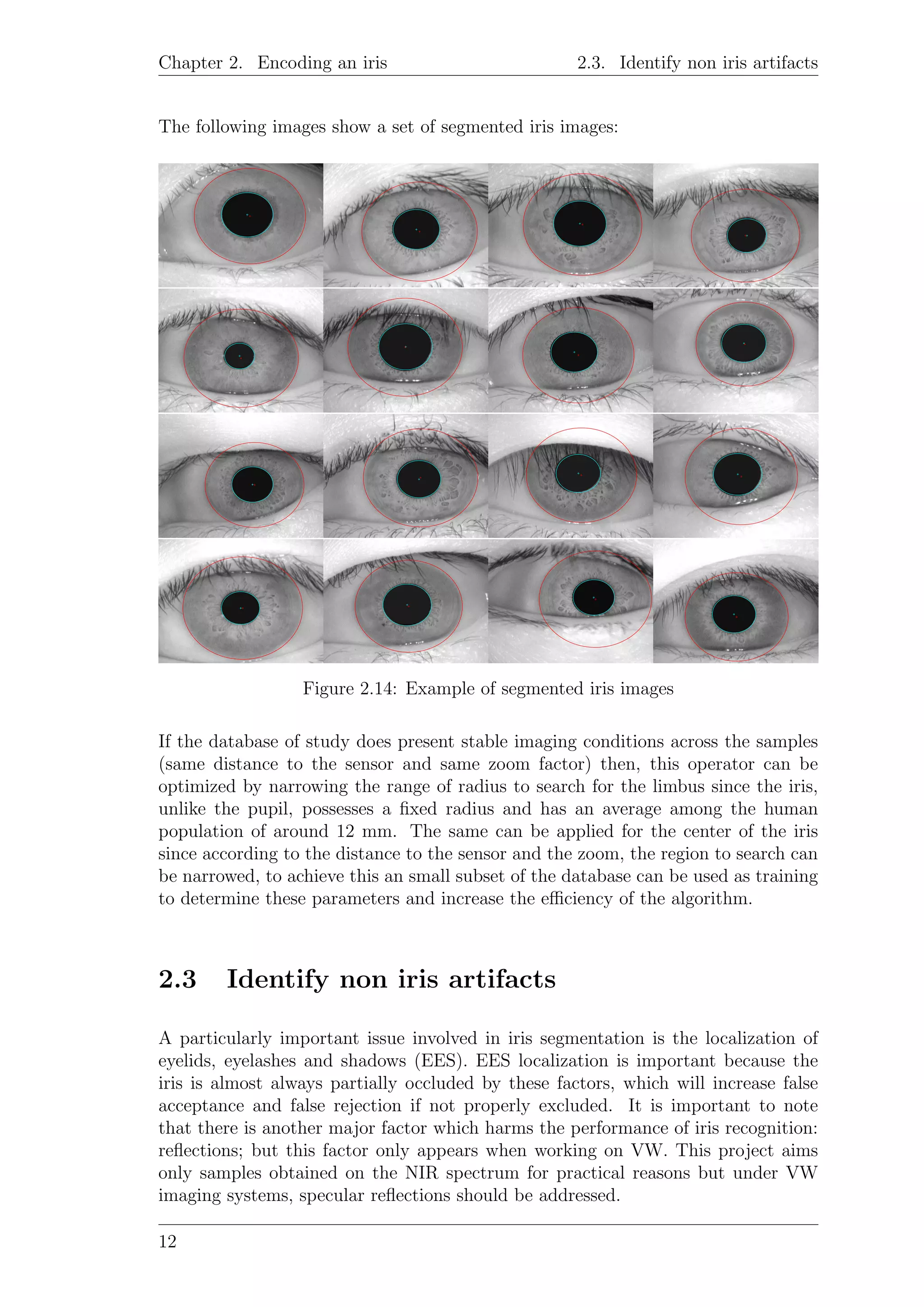 Chapter 2. Encoding an iris 2.3. Identify non iris artifacts
The following images show a set of segmented iris images:
Figure 2.14: Example of segmented iris images
If the database of study does present stable imaging conditions across the samples
(same distance to the sensor and same zoom factor) then, this operator can be
optimized by narrowing the range of radius to search for the limbus since the iris,
unlike the pupil, possesses a ﬁxed radius and has an average among the human
population of around 12 mm. The same can be applied for the center of the iris
since according to the distance to the sensor and the zoom, the region to search can
be narrowed, to achieve this an small subset of the database can be used as training
to determine these parameters and increase the eﬃciency of the algorithm.
2.3 Identify non iris artifacts
A particularly important issue involved in iris segmentation is the localization of
eyelids, eyelashes and shadows (EES). EES localization is important because the
iris is almost always partially occluded by these factors, which will increase false
acceptance and false rejection if not properly excluded. It is important to note
that there is another major factor which harms the performance of iris recognition:
reﬂections; but this factor only appears when working on VW. This project aims
only samples obtained on the NIR spectrum for practical reasons but under VW
imaging systems, specular reﬂections should be addressed.
12
 