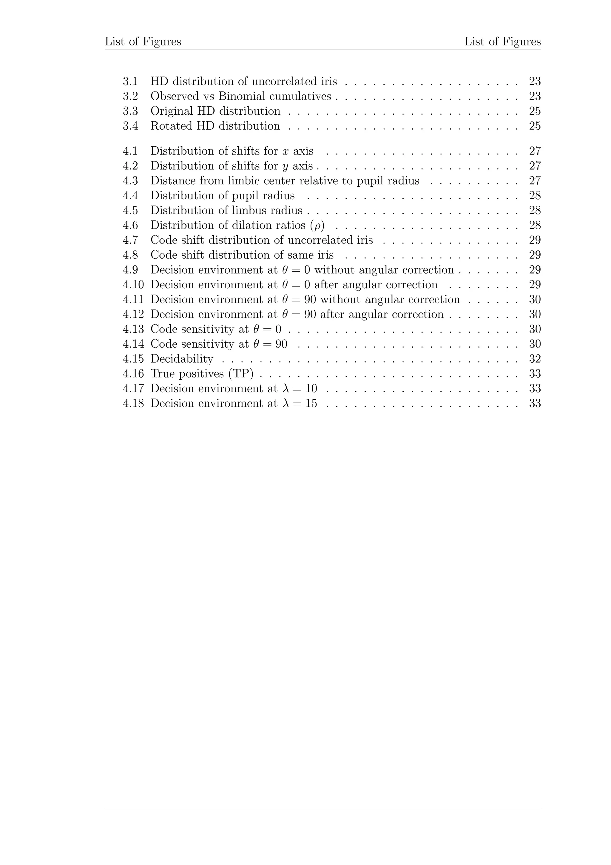 List of Figures List of Figures
3.1 HD distribution of uncorrelated iris . . . . . . . . . . . . . . . . . . . 23
3.2 Observed vs Binomial cumulatives . . . . . . . . . . . . . . . . . . . . 23
3.3 Original HD distribution . . . . . . . . . . . . . . . . . . . . . . . . . 25
3.4 Rotated HD distribution . . . . . . . . . . . . . . . . . . . . . . . . . 25
4.1 Distribution of shifts for x axis . . . . . . . . . . . . . . . . . . . . . 27
4.2 Distribution of shifts for y axis . . . . . . . . . . . . . . . . . . . . . . 27
4.3 Distance from limbic center relative to pupil radius . . . . . . . . . . 27
4.4 Distribution of pupil radius . . . . . . . . . . . . . . . . . . . . . . . 28
4.5 Distribution of limbus radius . . . . . . . . . . . . . . . . . . . . . . . 28
4.6 Distribution of dilation ratios (ρ) . . . . . . . . . . . . . . . . . . . . 28
4.7 Code shift distribution of uncorrelated iris . . . . . . . . . . . . . . . 29
4.8 Code shift distribution of same iris . . . . . . . . . . . . . . . . . . . 29
4.9 Decision environment at θ = 0 without angular correction . . . . . . . 29
4.10 Decision environment at θ = 0 after angular correction . . . . . . . . 29
4.11 Decision environment at θ = 90 without angular correction . . . . . . 30
4.12 Decision environment at θ = 90 after angular correction . . . . . . . . 30
4.13 Code sensitivity at θ = 0 . . . . . . . . . . . . . . . . . . . . . . . . . 30
4.14 Code sensitivity at θ = 90 . . . . . . . . . . . . . . . . . . . . . . . . 30
4.15 Decidability . . . . . . . . . . . . . . . . . . . . . . . . . . . . . . . . 32
4.16 True positives (TP) . . . . . . . . . . . . . . . . . . . . . . . . . . . . 33
4.17 Decision environment at λ = 10 . . . . . . . . . . . . . . . . . . . . . 33
4.18 Decision environment at λ = 15 . . . . . . . . . . . . . . . . . . . . . 33
 