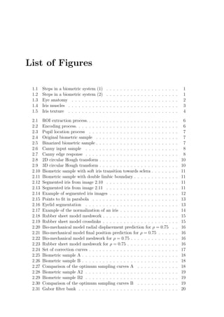 List of Figures
1.1 Steps in a biometric system (1) . . . . . . . . . . . . . . . . . . . . . 1
1.2 Steps in a biometric system (2) . . . . . . . . . . . . . . . . . . . . . 1
1.3 Eye anatomy . . . . . . . . . . . . . . . . . . . . . . . . . . . . . . . 2
1.4 Iris muscles . . . . . . . . . . . . . . . . . . . . . . . . . . . . . . . . 3
1.5 Iris texture . . . . . . . . . . . . . . . . . . . . . . . . . . . . . . . . 4
2.1 ROI extraction process. . . . . . . . . . . . . . . . . . . . . . . . . . . 6
2.2 Encoding process. . . . . . . . . . . . . . . . . . . . . . . . . . . . . . 6
2.3 Pupil location process . . . . . . . . . . . . . . . . . . . . . . . . . . 7
2.4 Original biometric sample . . . . . . . . . . . . . . . . . . . . . . . . 7
2.5 Binarized biometric sample . . . . . . . . . . . . . . . . . . . . . . . . 7
2.6 Canny input sample . . . . . . . . . . . . . . . . . . . . . . . . . . . 8
2.7 Canny edge response . . . . . . . . . . . . . . . . . . . . . . . . . . . 8
2.8 2D circular Hough transform . . . . . . . . . . . . . . . . . . . . . . . 10
2.9 3D circular Hough transform . . . . . . . . . . . . . . . . . . . . . . . 10
2.10 Biometric sample with soft iris transition towards sclera . . . . . . . . 11
2.11 Biometric sample with double limbic boundary . . . . . . . . . . . . . 11
2.12 Segmented iris from image 2.10 . . . . . . . . . . . . . . . . . . . . . 11
2.13 Segmented iris from image 2.11 . . . . . . . . . . . . . . . . . . . . . 11
2.14 Example of segmented iris images . . . . . . . . . . . . . . . . . . . . 12
2.15 Points to ﬁt in parabola . . . . . . . . . . . . . . . . . . . . . . . . . 13
2.16 Eyelid segmentation . . . . . . . . . . . . . . . . . . . . . . . . . . . 13
2.17 Example of the normalization of an iris . . . . . . . . . . . . . . . . . 14
2.18 Rubber sheet model meshwork . . . . . . . . . . . . . . . . . . . . . . 15
2.19 Rubber sheet model crosslinks . . . . . . . . . . . . . . . . . . . . . . 15
2.20 Bio-mechanical model radial displacement prediction for ρ = 0.75 . . 16
2.21 Bio-mechanical model ﬁnal position prediction for ρ = 0.75 . . . . . . 16
2.22 Bio-mechanical model meshwork for ρ = 0.75 . . . . . . . . . . . . . . 16
2.23 Rubber sheet model meshwork for ρ = 0.75 . . . . . . . . . . . . . . . 16
2.24 Set of correction curves . . . . . . . . . . . . . . . . . . . . . . . . . . 17
2.25 Biometric sample A . . . . . . . . . . . . . . . . . . . . . . . . . . . . 18
2.26 Biometric sample B . . . . . . . . . . . . . . . . . . . . . . . . . . . . 18
2.27 Comparison of the optimum sampling curves A . . . . . . . . . . . . 18
2.28 Biometric sample A2 . . . . . . . . . . . . . . . . . . . . . . . . . . . 19
2.29 Biometric sample B2 . . . . . . . . . . . . . . . . . . . . . . . . . . . 19
2.30 Comparison of the optimum sampling curves B . . . . . . . . . . . . 19
2.31 Gabor ﬁlter bank . . . . . . . . . . . . . . . . . . . . . . . . . . . . . 20
 