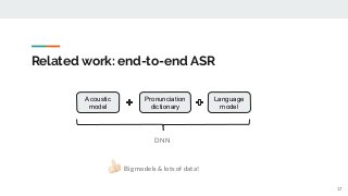 Related work: end-to-end ASR
Acoustic
model
Pronunciation
dictionary
Language
model
DNN
Big models & lots of data!
17
 