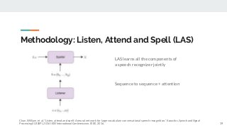 Methodology: Listen, Attend and Spell (LAS)
LAS learns all the components of
a speech recognizer jointly
Sequence to sequence + attention
19
Chan, William, et al. "Listen, attend and spell: A neural network for large vocabulary conversational speech recognition." Acoustics, Speech and Signal
Processing (ICASSP), 2016 IEEE International Conference on. IEEE, 2016.
 