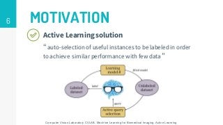 6 MOTIVATION
Active Learning solution
“ auto-selection of useful instances to be labeled in order
to achieve similar performance with few data ”
Computer Vision Laboratory CVLAB. Machine Learning for Biomedical Imaging. Active Learning
 