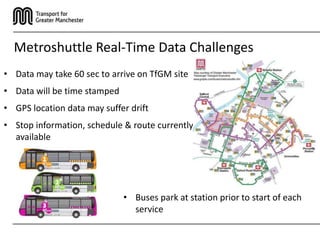 Metroshuttle Real-Time Data Challenges
• Data may take 60 sec to arrive on TfGM site
• Data will be time stamped
• GPS location data may suffer drift
• Stop information, schedule & route currently
  available




                              • Buses park at station prior to start of each
                                service
 