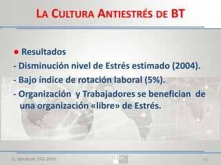 LA CULTURA ANTIESTRÉS DE BT
● Resultados
- Disminución nivel de Estrés estimado (2004).
- Bajo índice de rotación laboral (5%).
- Organización y Trabajadores se benefician de
una organización «libre» de Estrés.

G. Valcárcel, TFG 2014

15

 