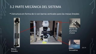 3.2 PARTE MECÁNICA DEL SISTEMA
• Estructura en forma de U con barras verticales para las mesas lineales
20/31
Mesas
lineales
Barras de
aluminio
25mm
Escuadras
 