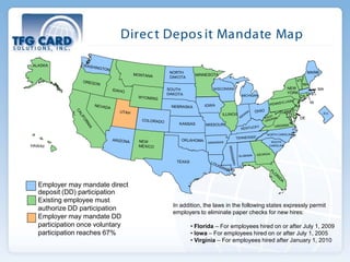 Direc t Depos it Mandate Map




Employer may mandate direct
deposit (DD) participation
Existing employee must
                                 In addition, the laws in the following states expressly permit
authorize DD participation
                                 employers to eliminate paper checks for new hires:
Employer may mandate DD
participation once voluntary            • Florida – For employees hired on or after July 1, 2009
participation reaches 67%               • Iowa – For employees hired on or after July 1, 2005
                                        • Virginia – For employees hired after January 1, 2010
 