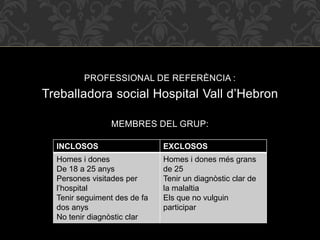 PROFESSIONAL DE REFERÈNCIA :
Treballadora social Hospital Vall d’Hebron
MEMBRES DEL GRUP:
INCLOSOS EXCLOSOS
Homes i dones
...