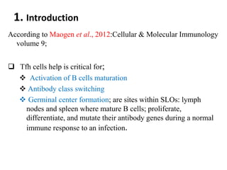 1. Introduction
According to Maogen et al., 2012:Cellular & Molecular Immunology
volume 9;
 Tfh cells help is critical for;
 Activation of B cells maturation
 Antibody class switching
 Germinal center formation; are sites within SLOs: lymph
nodes and spleen where mature B cells; proliferate,
differentiate, and mutate their antibody genes during a normal
immune response to an infection.
 