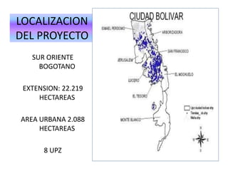 LOCALIZACION
DEL PROYECTO
SUR ORIENTE
BOGOTANO
EXTENSION: 22.219
HECTAREAS
AREA URBANA 2.088
HECTAREAS
8 UPZ
 