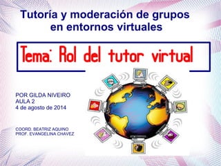 Tutoría y moderación de grupos
en entornos virtuales
POR GILDA NIVEIRO
AULA 2
4 de agosto de 2014
COORD. BEATRIZ AQUINO
PROF. EVANGELINA CHAVEZ
Tema: Rol del tutor virtual
 