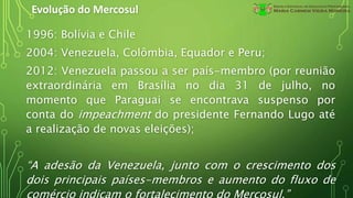 Evolução do Mercosul
1996: Bolívia e Chile
2004: Venezuela, Colômbia, Equador e Peru;
2012: Venezuela passou a ser país-membro (por reunião
extraordinária em Brasília no dia 31 de julho, no
momento que Paraguai se encontrava suspenso por
conta do impeachment do presidente Fernando Lugo até
a realização de novas eleições);
“A adesão da Venezuela, junto com o crescimento dos
dois principais países-membros e aumento do fluxo de
 