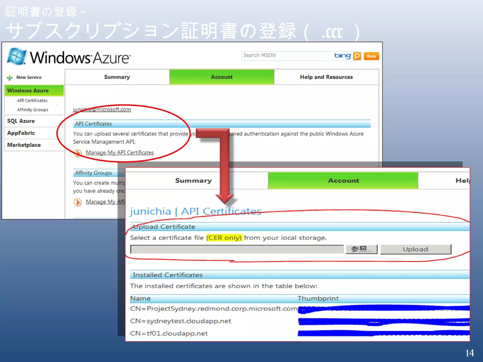 14
証明書の登録～
サブスクリプション証明書の登録（ .cer ）
 