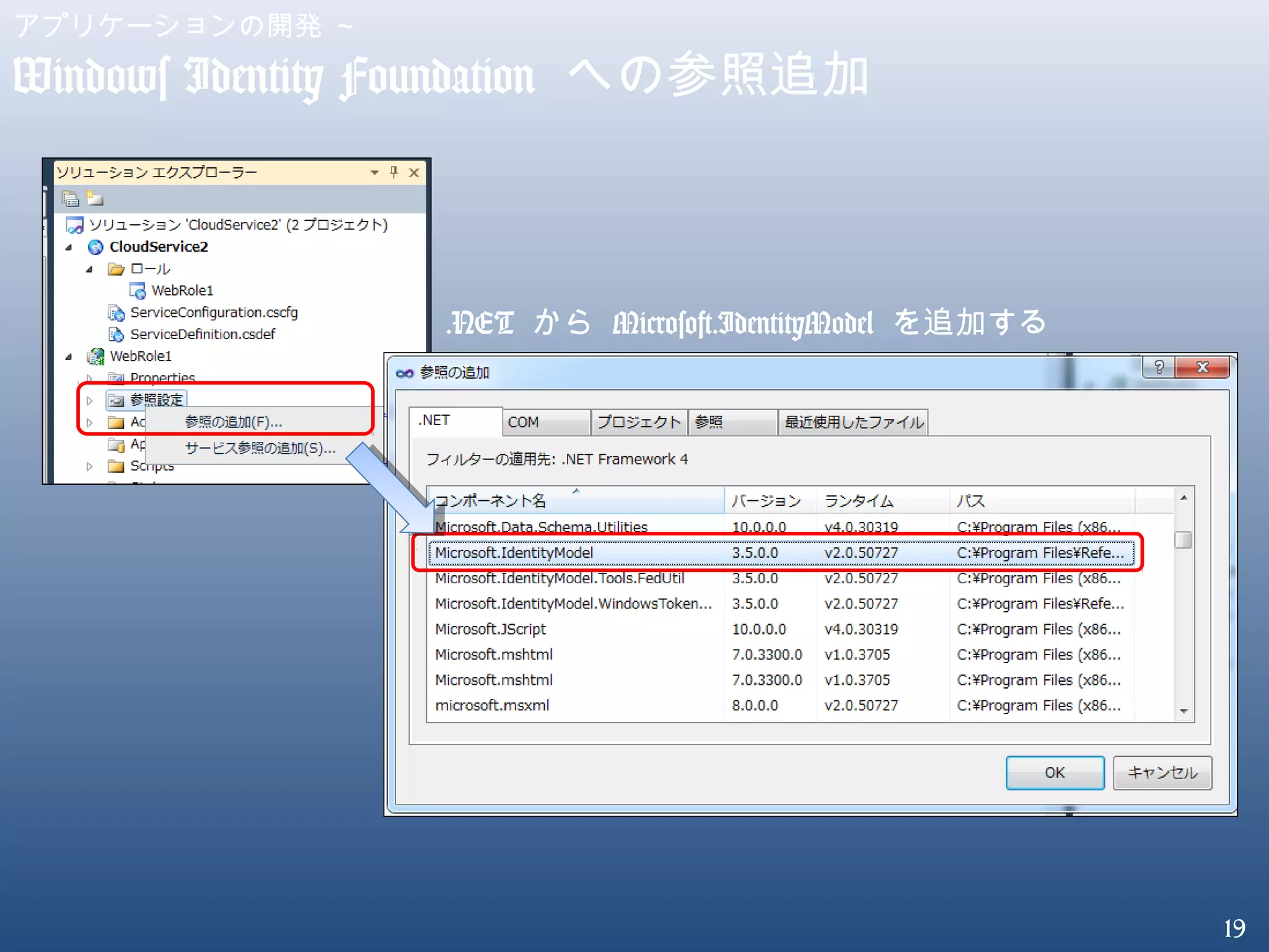19
アプリケーションの開発 ～
Windows Identity Foundation への参照追加
.NET から Microsoft.IdentityModel を追加する
 