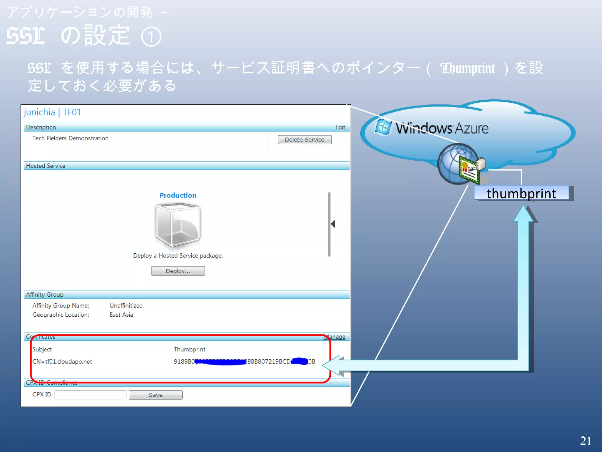 21
アプリケーションの開発 ～
SSL の設定 ①
SSL を使用する場合には、サービス証明書へのポインター（ Thumprint ）を設
定しておく必要がある
thumbprintthumbprint
 