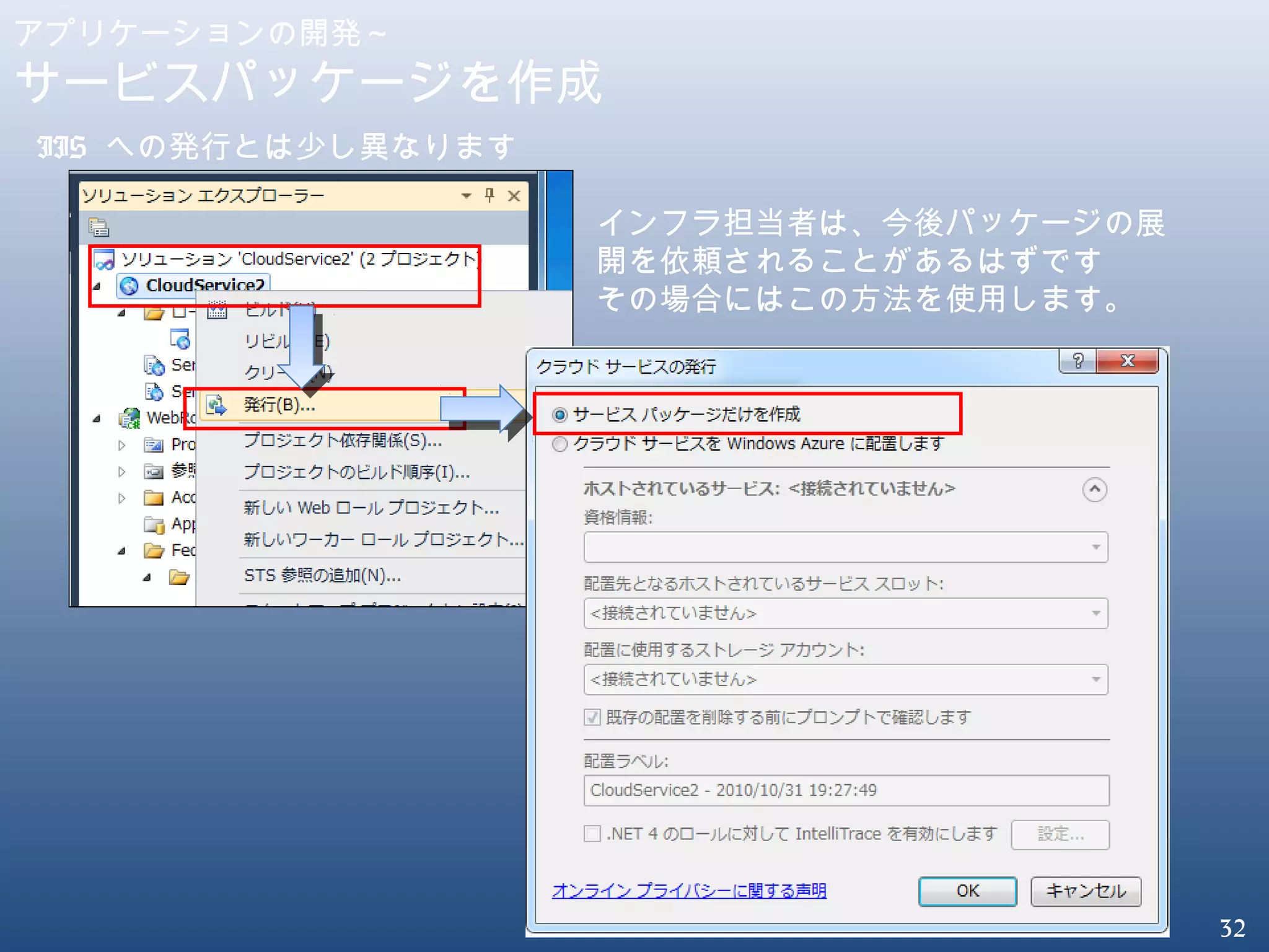 32
アプリケーションの開発～
サービスパッケージを作成
IIS への発行とは少し異なります
インフラ担当者は、今後パッケージの展
開を依頼されることがあるはずです
その場合にはこの方法を使用します。
 