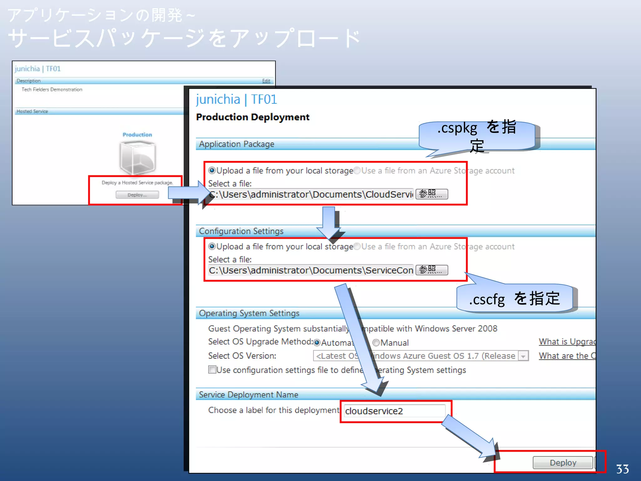 33
アプリケーションの開発～
サービスパッケージをアップロード
.cspkg を指
定
.cspkg を指
定
.cscfg を指定.cscfg を指定
 