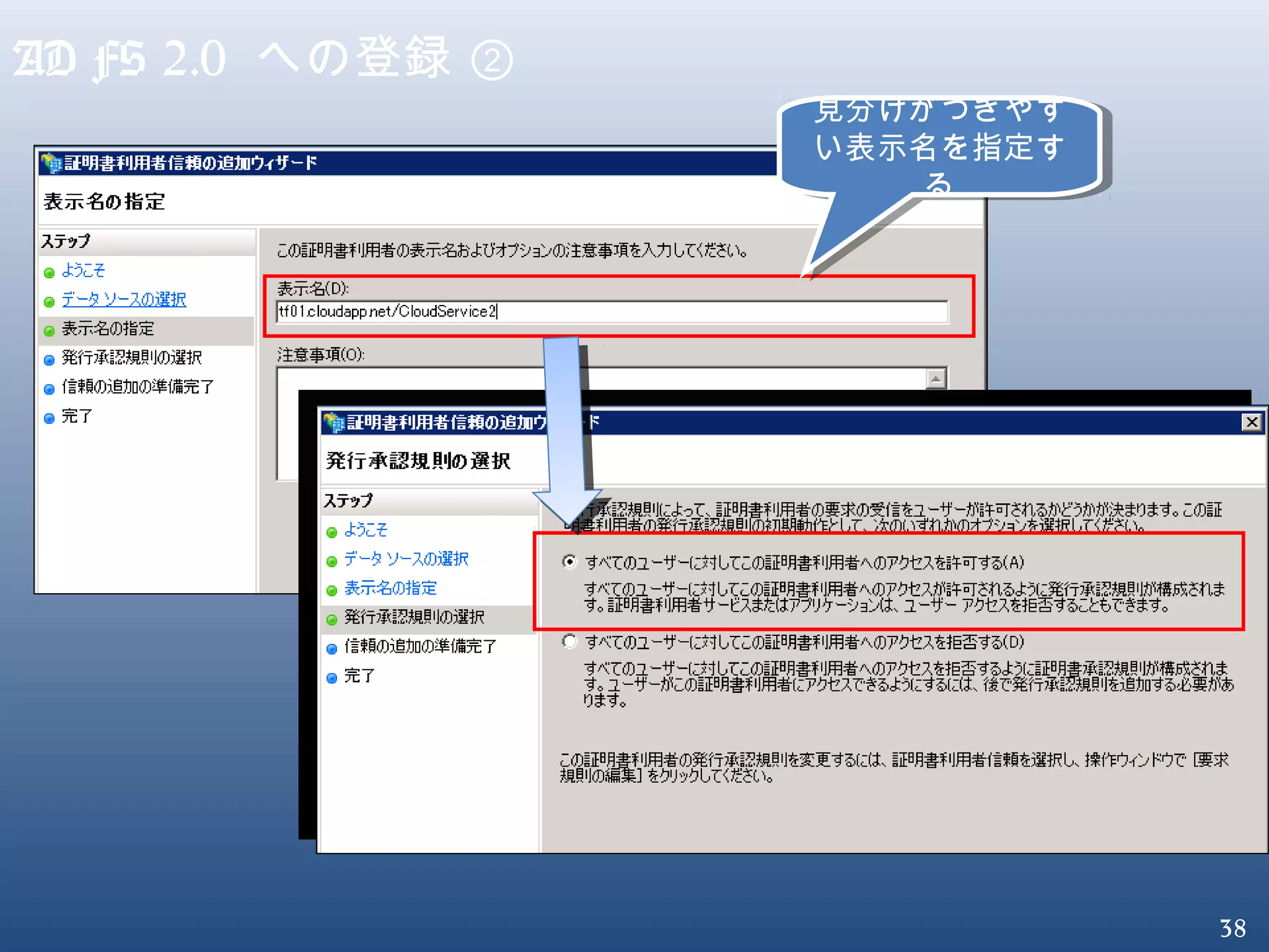 38
AD FS 2.0 への登録 ②
見分けがつきやす
い表示名を指定す
る
見分けがつきやす
い表示名を指定す
る
 