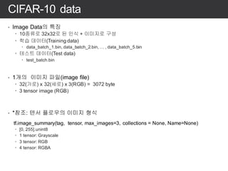 CIFAR-10 data
• Image Data의 특징
 10종류로 32x32로 된 인식 + 이미지로 구성
 학습 데이터(Training data)
 data_batch_1.bin, data_batch_2.bin,...