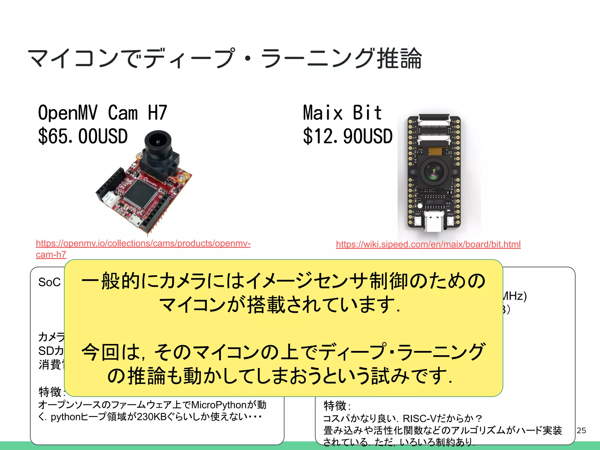 SoC : STM32H743VI
(CPU ARM Cortex M7 32bit 480MHz)
(RAM 1MB , FlashROM 2MB)
カメラ：OV7725 (max 640x480)
SDカード：μSDスロットあり30GBまで
消費電力：110mA〜170mA@3.3V
特徴：
オープンソースのファームウェア上でMicroPythonが動
く．pythonヒープ領域が230KBぐらいしか使えない・・・
SoC : Kendryte K210
(CPU RISC-V 64bit 400-800MHz)
(RAM 8MB, FlashROM 16MB）
(KPU ： CNNアクセラレータ)
カメラ：OV2640/OV7740
SDカード：μSDスロットあり
消費電力：>600mA@5V？
特徴：
コスパかなり良い．RISC-Vだからか？
畳み込みや活性化関数などのアルゴリズムがハード実装
されている．ただ，いろいろ制約あり．
https://openmv.io/collections/cams/products/openmv-
cam-h7
https://wiki.sipeed.com/en/maix/board/bit.html
25
一般的にカメラにはイメージセンサ制御のための
マイコンが搭載されています．
今回は，そのマイコンの上でディープ・ラーニング
の推論も動かしてしまおうという試みです．
 