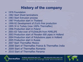 History of the company 1976 Foundation 1982 Start Sheet laminations  1983 Start Extrusion process  1987 Production start in Thailand 1990-92 Development of (h)cfc-free production 1995 JV in Turkey (now 100% Thermaflex) 1996 Production start in Poland 2001-03 Take-over of FLEXALEN from PIPELIFE  2003 Production start of Flexalen 600 pipes in Holland 2004 Production start of Polybutene pipes in Holland 2005 Production start in Russia 2007 Start Thermaflex Mexico 2008 Start of Thermaflex France & Thermaflex India 2009 Start of Thermaflex Romania 2010 Start of Thermaflex Panama  