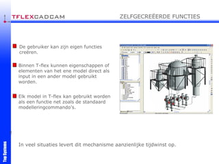 De gebruiker kan zijn eigen functies creëren. Binnen T-flex kunnen eigenschappen of elementen van het ene model direct als input in een ander model gebruikt worden. Elk model in T-flex kan gebruikt worden als een functie net zoals de standaard modelleringcommando’s.   In veel situaties levert dit mechanisme aanzienlijke tijdwinst op. ZELFGECREËERDE FUNCTIES ! 