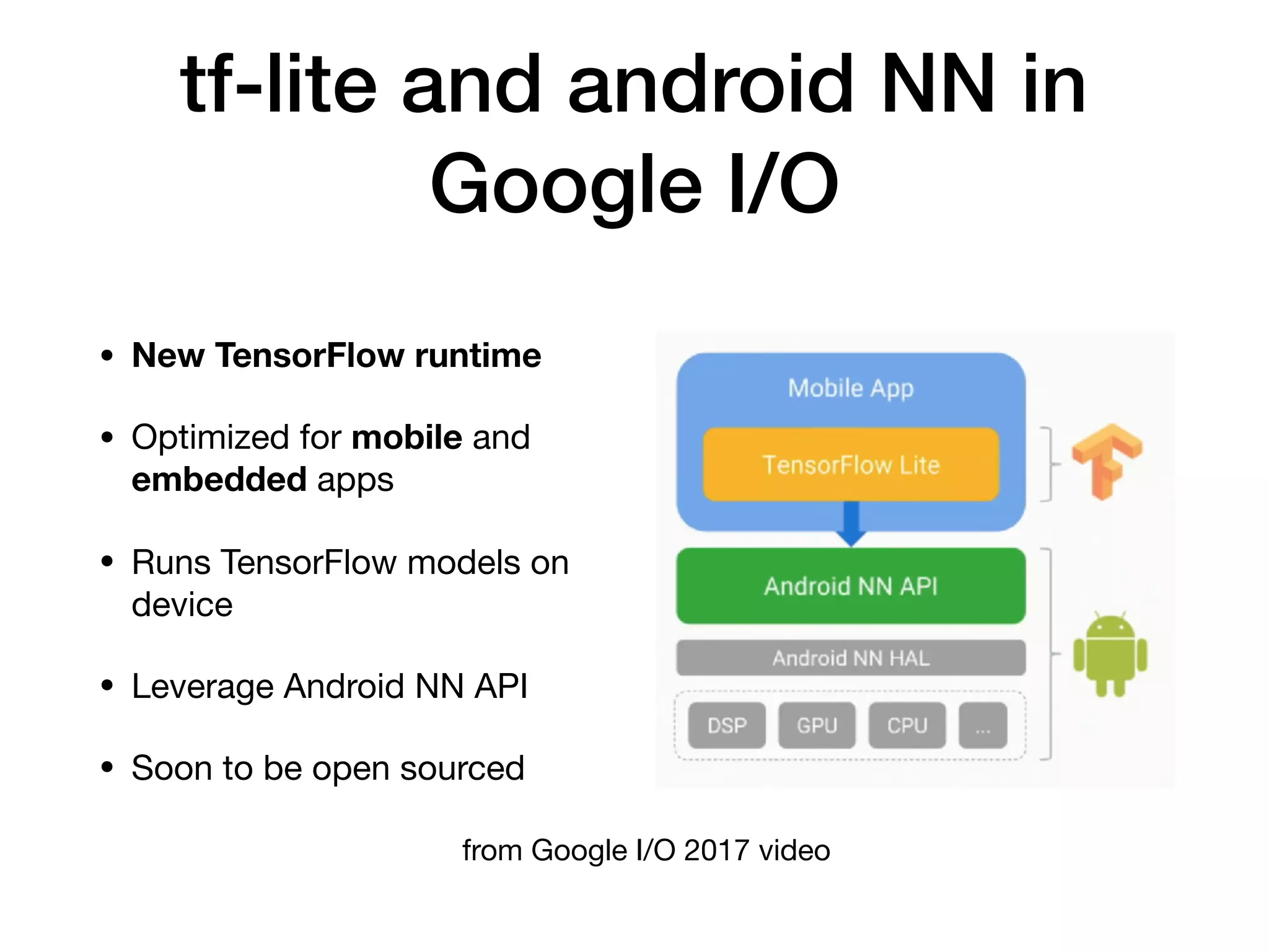 tf-lite and android NN in
Google I/O
• New TensorFlow runtime
• Optimized for mobile and
embedded apps

• Runs TensorFlow models on
device

• Leverage Android NN API

• Soon to be open sourced
from Google I/O 2017 video
 