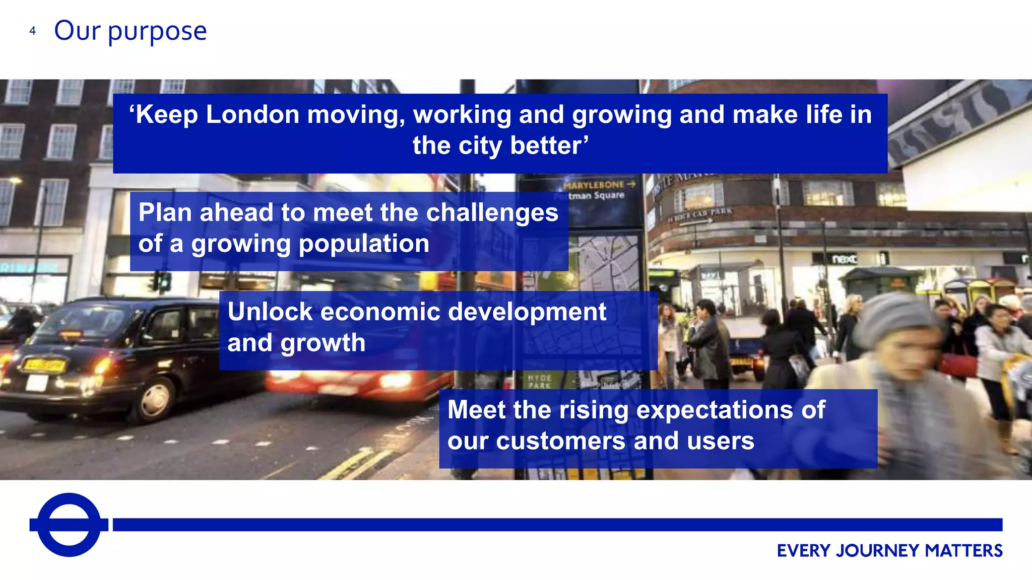 4 Our purpose
‘Keep London moving, working and growing and make life in
the city better’
Plan ahead to meet the challenges
of a growing population
Unlock economic development
and growth
Meet the rising expectations of
our customers and users
 
