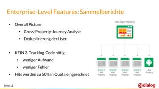 Seite 11
• Overall Picture
• Cross-Property-Journey Analyse
• Deduplizierung der User
• KEIN 2. Tracking-Code nötig
• weniger Aufwand
• weniger Fehler
• Hits werden zu 50% in Quota eingerechnet
Enterprise-Level Features: Sammelberichte
 