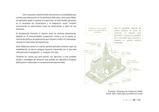 P á g i n a 60 | 108
Con lo expuesto anteriormente reconocemos la complejidad que
conlleva una intervención en los elementos edificados, como estos deben
ser pensados desde lo general a lo particular, en este sentido pensando
en la necesidad de conservación y la integración social. También
reconocemos la interconexión entre las dimensiones, a partir de sus
funciones.
Es fundamental fomentar la relación entre las distintas dimensiones,
basadas en la transversalidad, cooperación mutua y en la puesta en
marcha de políticas de gobernanza que incluyan a todos los interesados,
creando el intercambio de experiencias.
Estas reflexiones tienen un carácter general aplicable a distintos tipos de
rehabilitación, ya sea en antiguos espacios industriales (en lo que está
enfocado esta investigación) o cualquier otro tipo.
Teniendo en cuenta que este estudio nos aproxima a unas posibles
pautas o estrategias de actuación que pueden ser aplicadas a antiguas
edificaciones industriales no necesariamente patrimoniales.
Ilustración 18 Esquema de Certificación VERDE.
Fuente: GBCe | https://gbce.es/certificacion-verde/
Ante los inevitables impactos del
cambio climático, la acción de
resiliencia es esencial para
desarrollar y construir la capacidad
de la comunidad para sobrevivir y
prosperar en nuestros entornos
construidos.
 