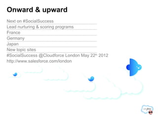 Next on #SocialSuccess Lead nurturing & scoring programs France Germany Japan New topic sites #SocialSuccess @Cloudforce London May 22 th  2012 http://www.salesforce.com/london Onward & upward 