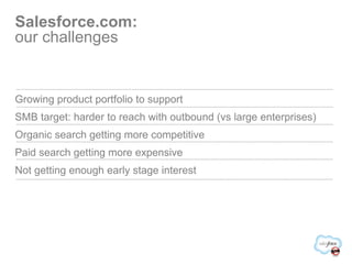 Salesforce.com:  our challenges Growing product portfolio to support  SMB target: harder to reach with outbound (vs large enterprises) Organic search getting more competitive Paid search getting more expensive Not getting enough early stage interest   