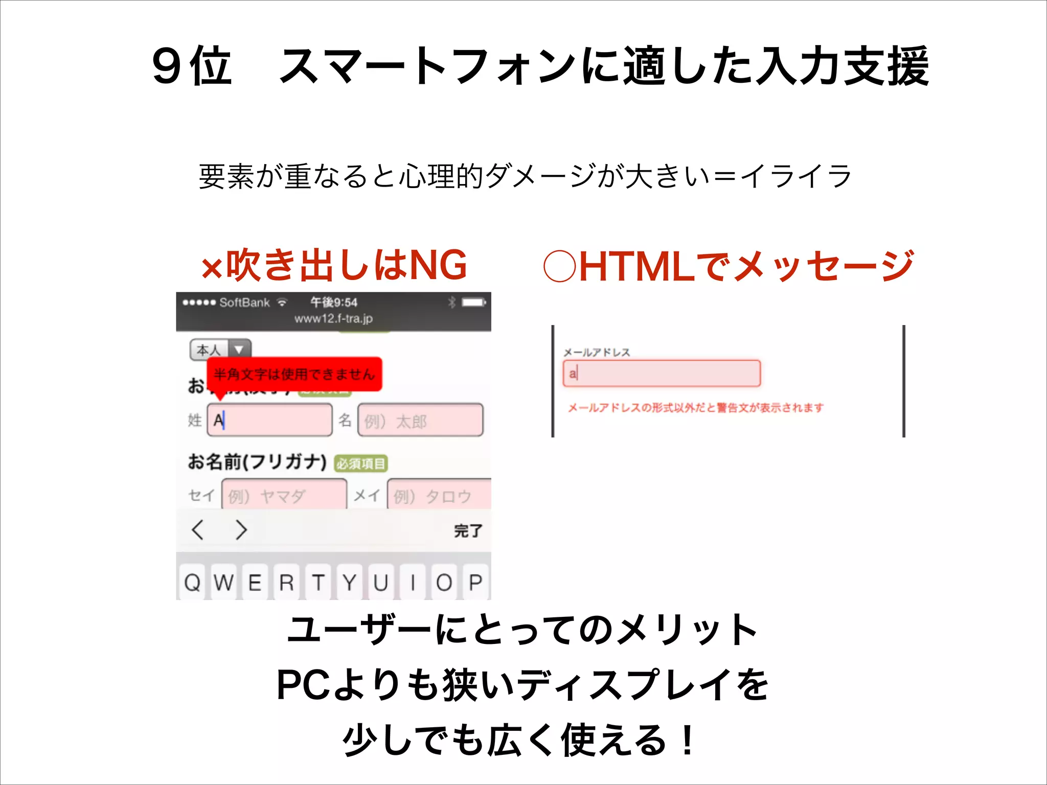 ９位 スマートフォンに適した入力支援
要素が重なると心理的ダメージが大きい＝イライラ

吹き出しはNG

○HTMLでメッセージ

ユーザーにとってのメリット 
PCよりも狭いディスプレイを 
少しでも広く使える！

 