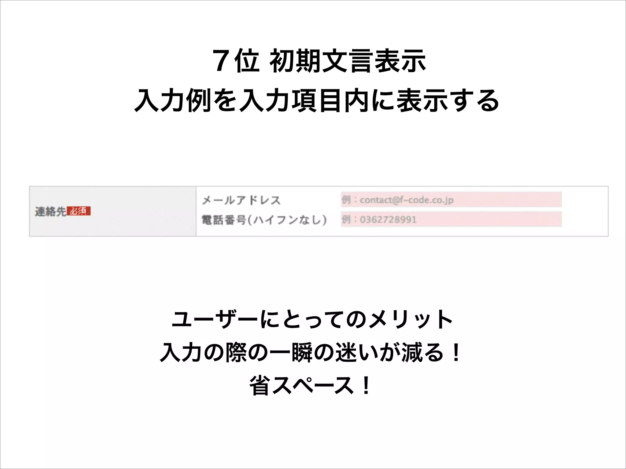 ７位 初期文言表示
入力例を入力項目内に表示する

ユーザーにとってのメリット
入力の際の一瞬の迷いが減る！
省スペース！

 