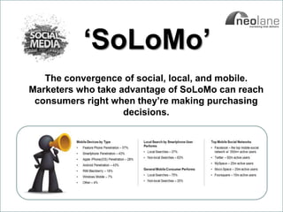 ‘SoLoMo’
                  The convergence of social, local, and mobile.
               Marketers who take advantage of SoLoMo can reach
                consumers right when they’re making purchasing
                                   decisions.




Copyright Neolane - 2011                            Neolane Private and Confidential   8
 