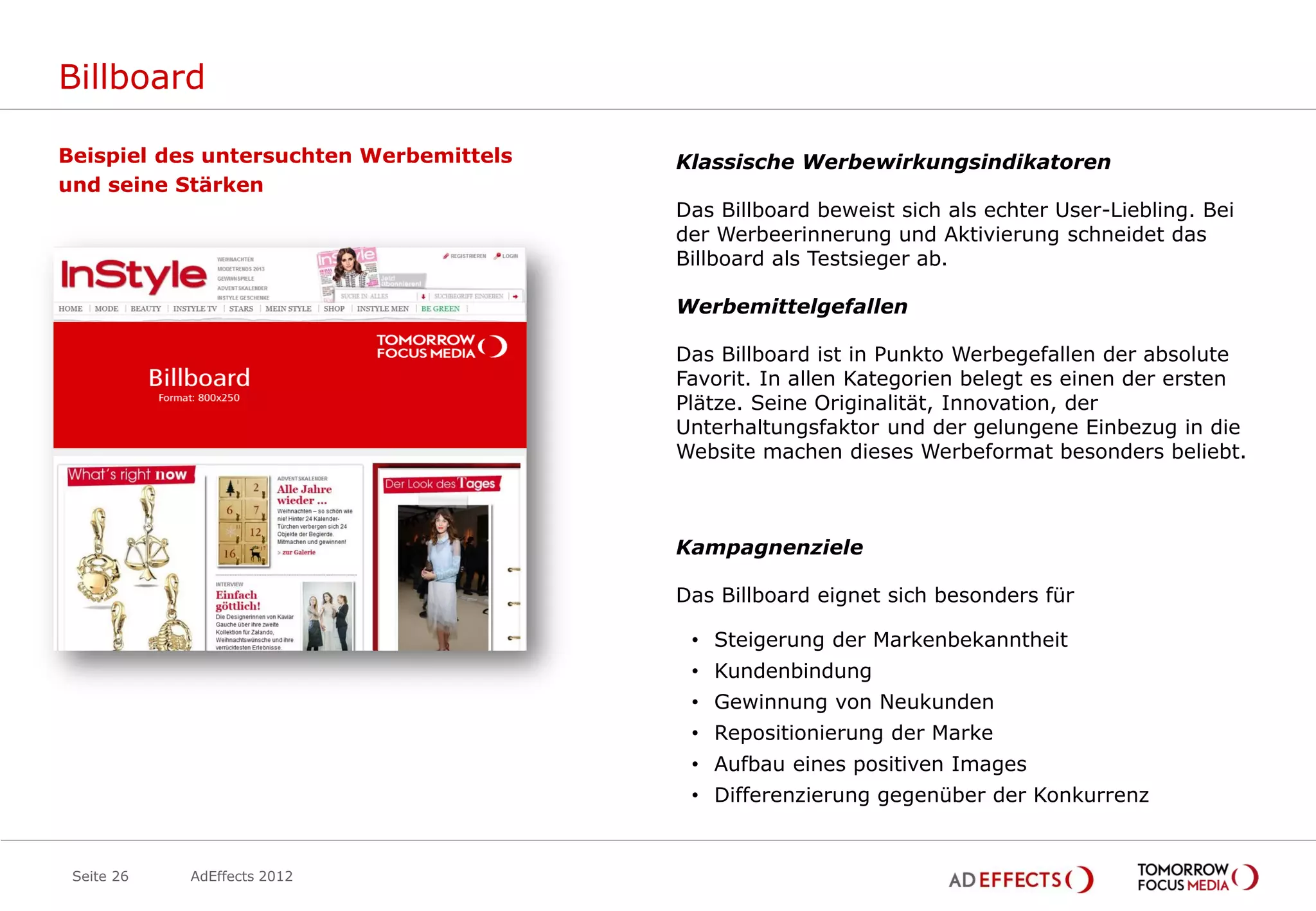 Billboard

Beispiel des untersuchten Werbemittels   Klassische Werbewirkungsindikatoren
und seine Stärken
                                         Das Billboard beweist sich als echter User-Liebling. Bei
                                         der Werbeerinnerung und Aktivierung schneidet das
                                         Billboard als Testsieger ab.

                                         Werbemittelgefallen

                                         Das Billboard ist in Punkto Werbegefallen der absolute
                                         Favorit. In allen Kategorien belegt es einen der ersten
                                         Plätze. Seine Originalität, Innovation, der
                                         Unterhaltungsfaktor und der gelungene Einbezug in die
                                         Website machen dieses Werbeformat besonders beliebt.



                                         Kampagnenziele

                                         Das Billboard eignet sich besonders für

                                          • Steigerung der Markenbekanntheit
                                          • Kundenbindung
                                          • Gewinnung von Neukunden
                                          • Repositionierung der Marke
                                          • Aufbau eines positiven Images
                                          • Differenzierung gegenüber der Konkurrenz


 Seite 26   AdEffects 2012
 