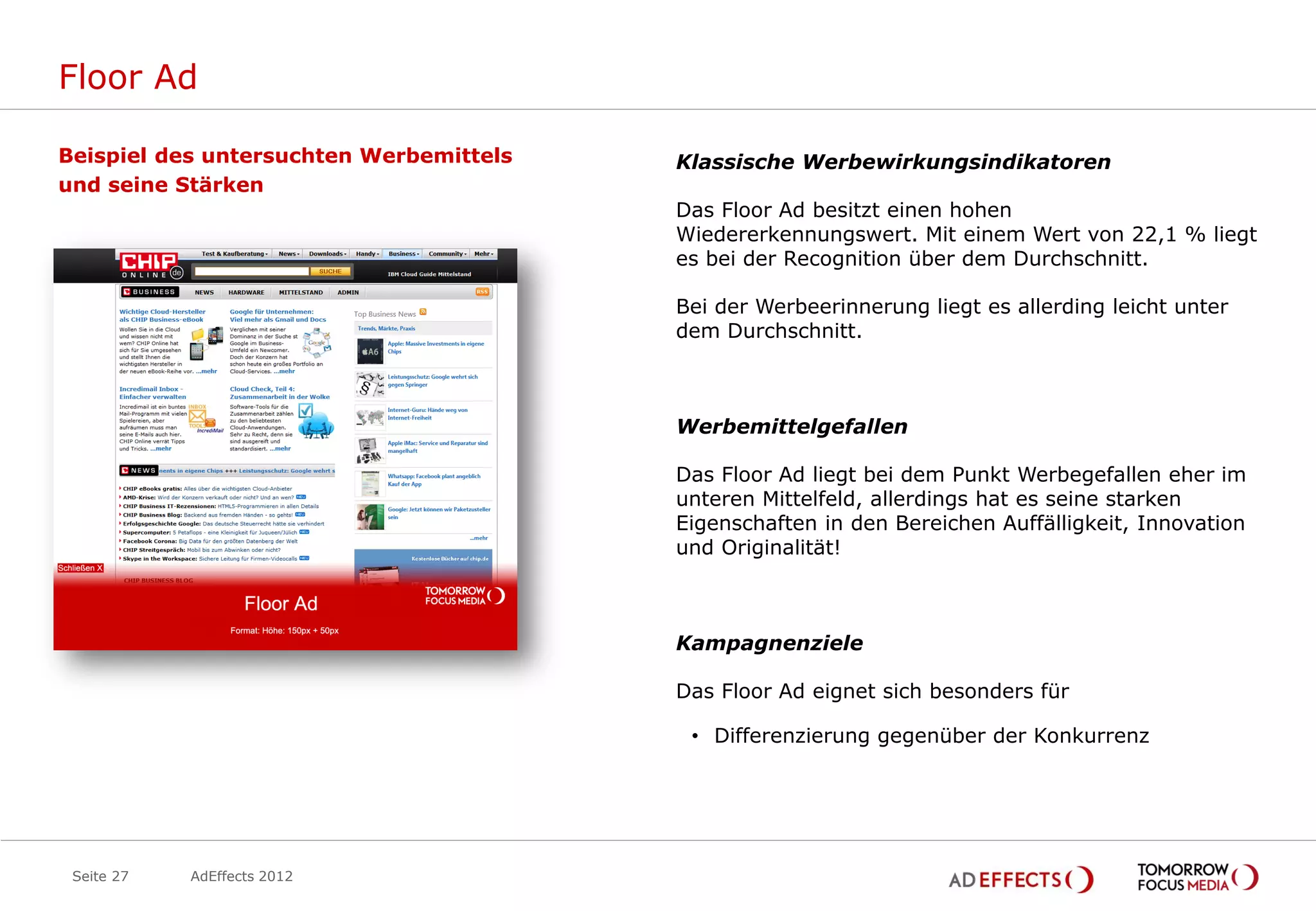 Floor Ad

Beispiel des untersuchten Werbemittels   Klassische Werbewirkungsindikatoren
und seine Stärken
                                         Das Floor Ad besitzt einen hohen
                                         Wiedererkennungswert. Mit einem Wert von 22,1 % liegt
                                         es bei der Recognition über dem Durchschnitt.

                                         Bei der Werbeerinnerung liegt es allerding leicht unter
                                         dem Durchschnitt.



                                         Werbemittelgefallen

                                         Das Floor Ad liegt bei dem Punkt Werbegefallen eher im
                                         unteren Mittelfeld, allerdings hat es seine starken
                                         Eigenschaften in den Bereichen Auffälligkeit, Innovation
                                         und Originalität!



                                         Kampagnenziele

                                         Das Floor Ad eignet sich besonders für

                                          • Differenzierung gegenüber der Konkurrenz




 Seite 27   AdEffects 2012
 