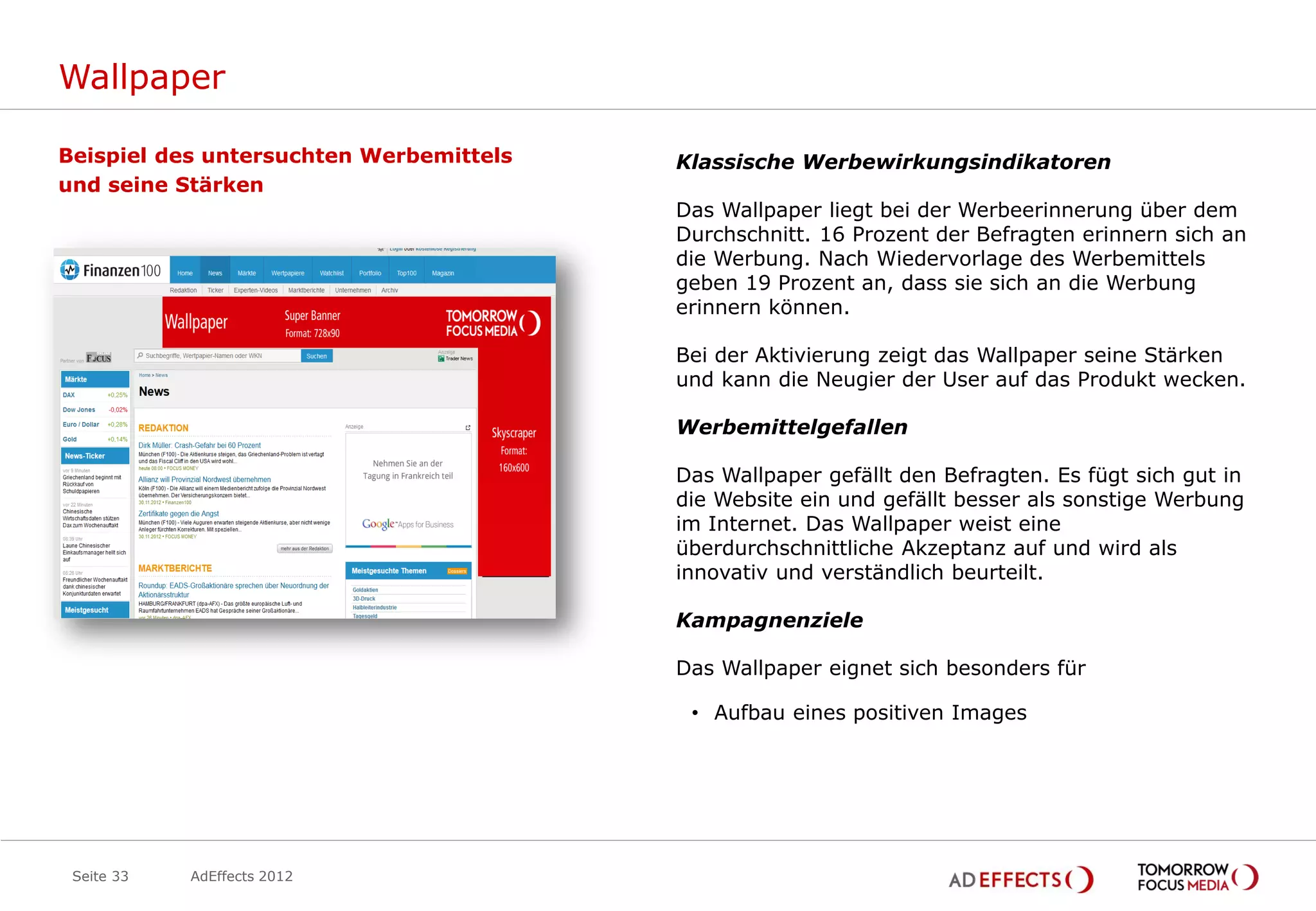 Wallpaper

Beispiel des untersuchten Werbemittels   Klassische Werbewirkungsindikatoren
und seine Stärken
                                         Das Wallpaper liegt bei der Werbeerinnerung über dem
                                         Durchschnitt. 16 Prozent der Befragten erinnern sich an
                                         die Werbung. Nach Wiedervorlage des Werbemittels
                                         geben 19 Prozent an, dass sie sich an die Werbung
                                         erinnern können.

                                         Bei der Aktivierung zeigt das Wallpaper seine Stärken
                                         und kann die Neugier der User auf das Produkt wecken.

                                         Werbemittelgefallen

                                         Das Wallpaper gefällt den Befragten. Es fügt sich gut in
                                         die Website ein und gefällt besser als sonstige Werbung
                                         im Internet. Das Wallpaper weist eine
                                         überdurchschnittliche Akzeptanz auf und wird als
                                         innovativ und verständlich beurteilt.

                                         Kampagnenziele

                                         Das Wallpaper eignet sich besonders für

                                          • Aufbau eines positiven Images




 Seite 33   AdEffects 2012
 