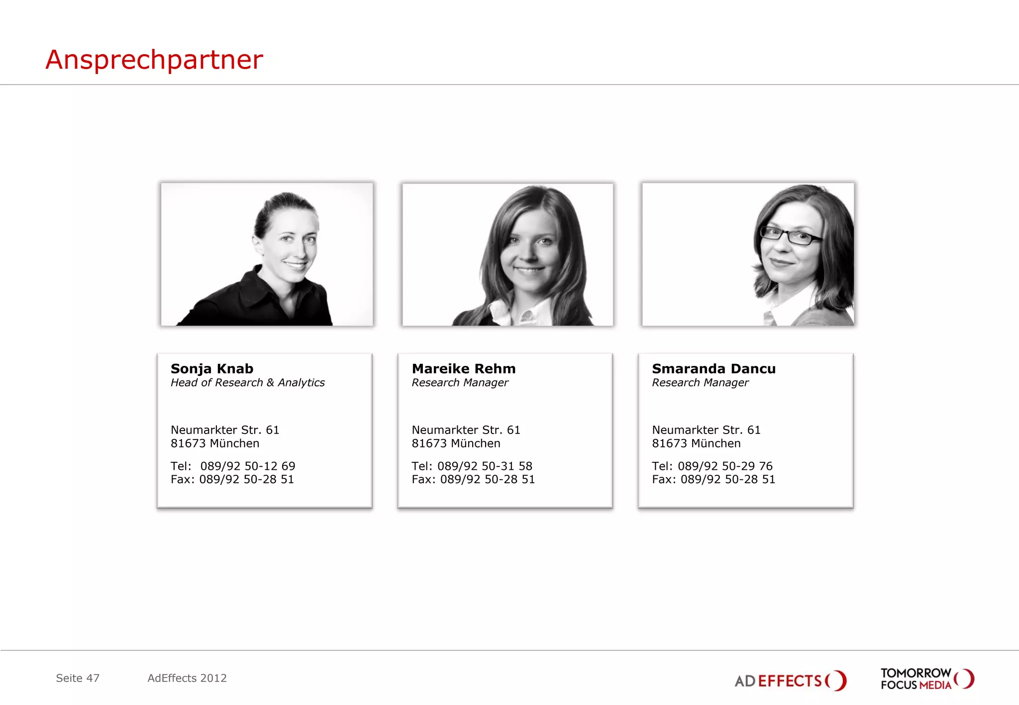 Ansprechpartner




               Sonja Knab                     Mareike Rehm               Smaranda Dancu
               Head of Research & Analytics   Research Manager           Research Manager



               Neumarkter Str. 61             Neumarkter Str. 61         Neumarkter Str. 61
               81673 München                  81673 München              81673 München

               Tel: 089/92 50-12 69           Tel: 089/92 50-31 58       Tel: 089/92 50-29 76
               Fax: 089/92 50-28 51           Fax: 089/92 50-28 51       Fax: 089/92 50-28 51
               s.knab@tomorrow-focus.de       m.rehm@tomorrow-focus.de   s.dancu@tomorrow-focus.de




Seite 47   AdEffects 2012
 