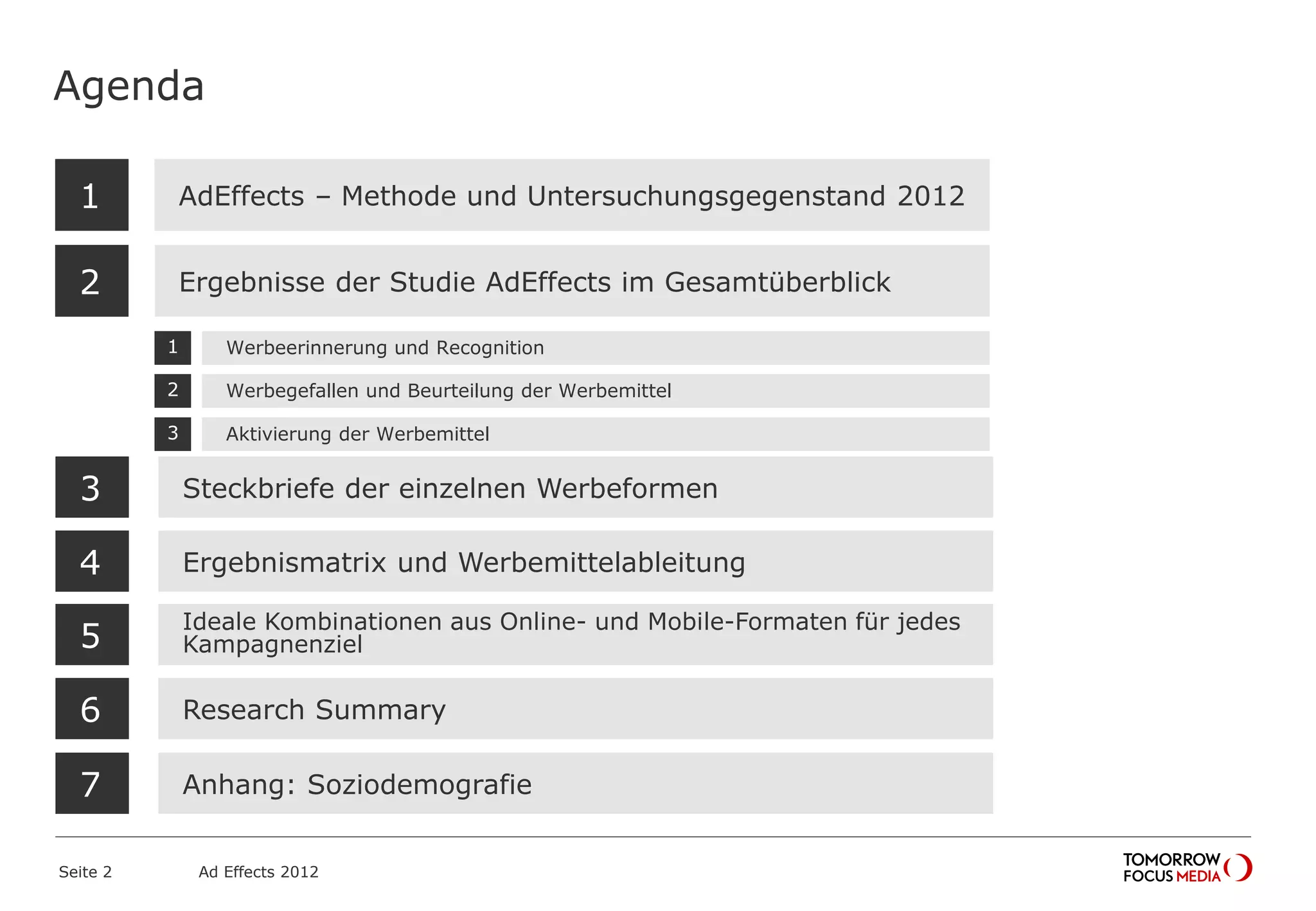 Agenda
Seite 2 Ad Effects 2012
AdEffects – Methode und Untersuchungsgegenstand 2012
Ergebnisse der Studie AdEffects im Gesamtüberblick
1
2
Werbeerinnerung und Recognition1
Werbegefallen und Beurteilung der Werbemittel2
Steckbriefe der einzelnen Werbeformen3
Aktivierung der Werbemittel3
Ergebnismatrix und Werbemittelableitung
Ideale Kombinationen aus Online- und Mobile-Formaten für jedes
Kampagnenziel
Research Summary
4
5
6
Anhang: Soziodemografie7
 