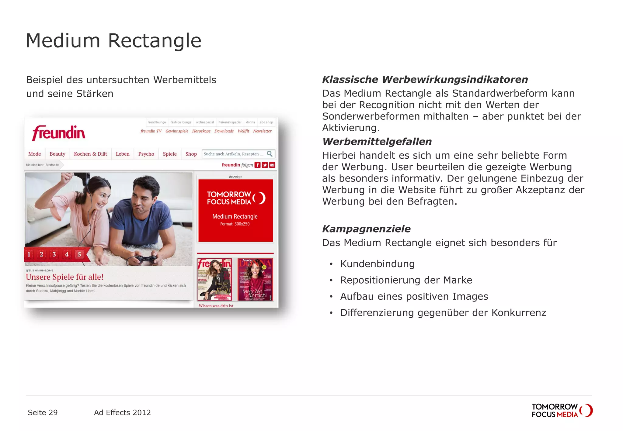Medium Rectangle
Beispiel des untersuchten Werbemittels
und seine Stärken
Seite 29 Ad Effects 2012
Klassische Werbewirkungsindikatoren
Das Medium Rectangle als Standardwerbeform kann
bei der Recognition nicht mit den Werten der
Sonderwerbeformen mithalten – aber punktet bei der
Aktivierung.
Werbemittelgefallen
Hierbei handelt es sich um eine sehr beliebte Form
der Werbung. User beurteilen die gezeigte Werbung
als besonders informativ. Der gelungene Einbezug der
Werbung in die Website führt zu großer Akzeptanz der
Werbung bei den Befragten.
Kampagnenziele
Das Medium Rectangle eignet sich besonders für
• Kundenbindung
• Repositionierung der Marke
• Aufbau eines positiven Images
• Differenzierung gegenüber der Konkurrenz
 