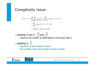 11SIGIR 2012, Portland, USA, August 13, 2012
Complexity issue
•  Updating U and C: and
•  Linear to the number of observations in the tensor data Y
•  Updating V:
•  Quadratic to the number of items!
•  Not scalable in the case of large number of items!
L
U
∂
∂
L
C
∂
∂
L
V
∂
∂
 