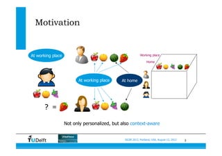 3SIGIR 2012, Portland, USA, August 13, 2012
Motivation
? =
At working place At home
At working place
Not only personalized, but also context-aware
Working place
Home
 
