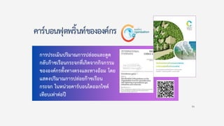 คาร์บอนฟุตพริ้นท์ขององค์กร
การประเมินปริมาณการปล่อยและดูด
กลับก๊าซเรือนกระจกที่เกิดจากกิจกรรม
ขององค์กรทั้งทางตรงและทางอ้อม โดย
แสดงปริมาณการปล่อยก๊าซเรือน
กระจก ในหน่วยคาร์บอนไดออกไซด์
เทียบเท่าต่อปี
11
 